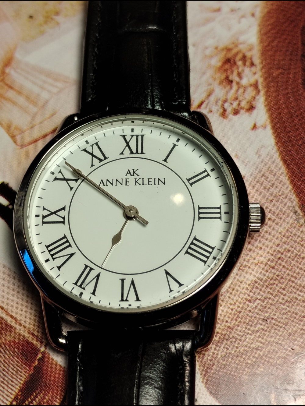Anne Klein Black Leather Strap Watch with White Dial